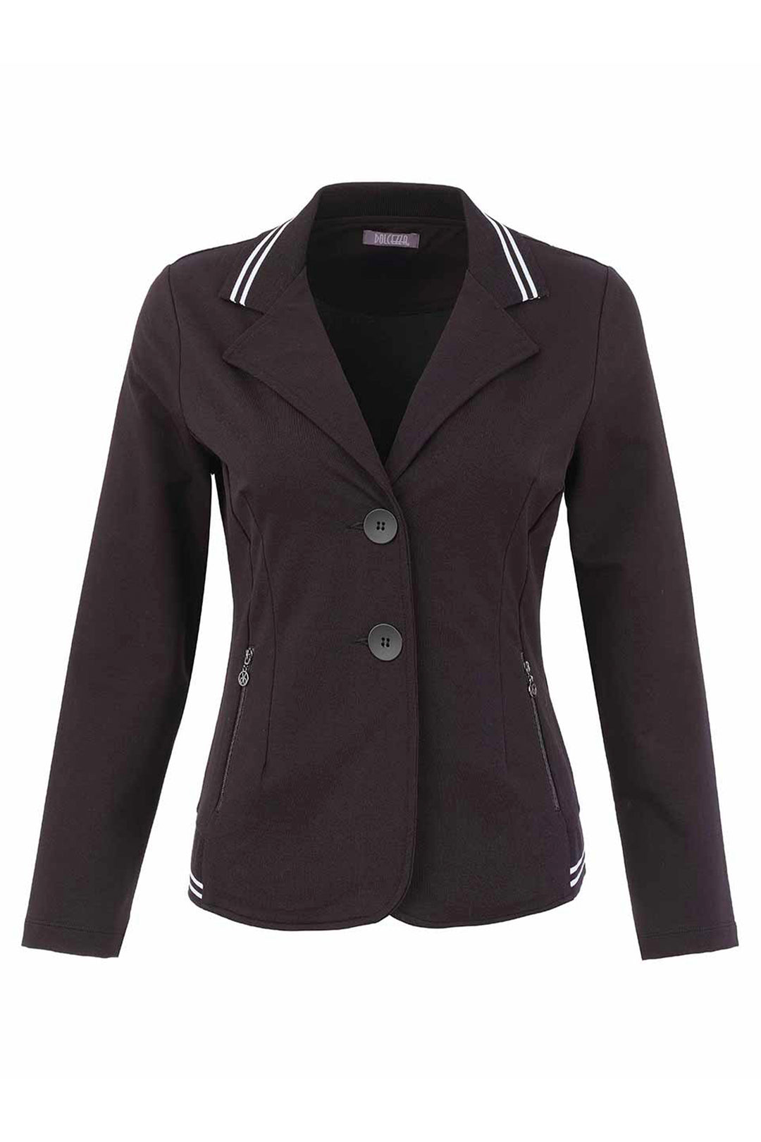 A black blazer jacket with white stripe detailing on the collar and hem, featuring two front buttons and zippered side pockets, shown against a plain white background.