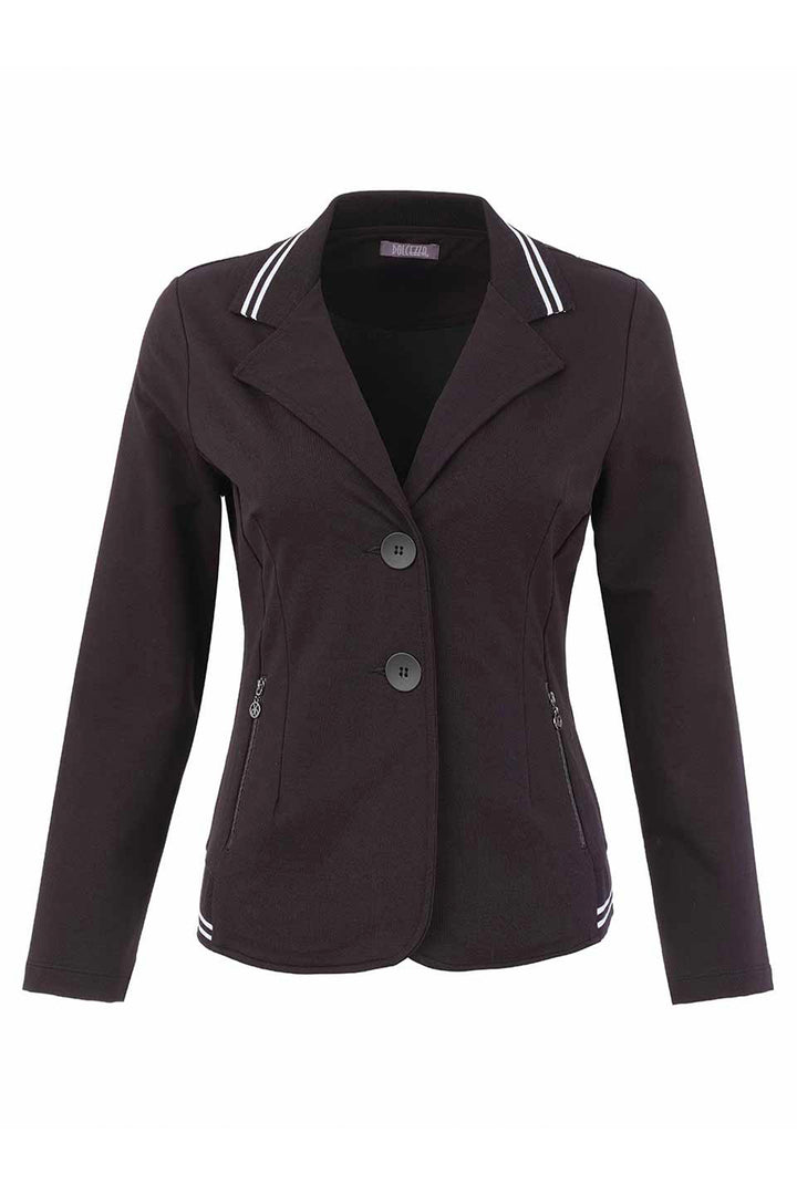 A black blazer jacket with white stripe detailing on the collar and hem, featuring two front buttons and zippered side pockets, shown against a plain white background.