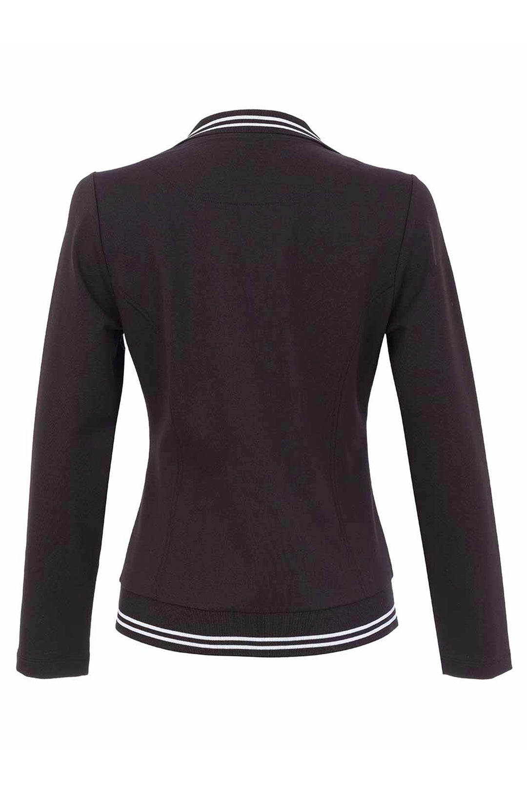 A black blazer jacket shown from the back, with white stripe detailing on the collar and hem, featuring two front buttons and zippered side pockets, shown against a plain white background.