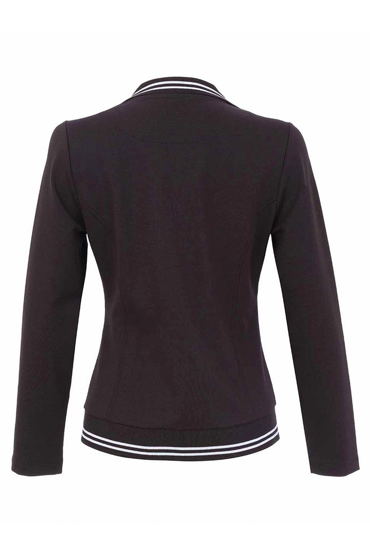 A black blazer jacket shown from the back, with white stripe detailing on the collar and hem, featuring two front buttons and zippered side pockets, shown against a plain white background.