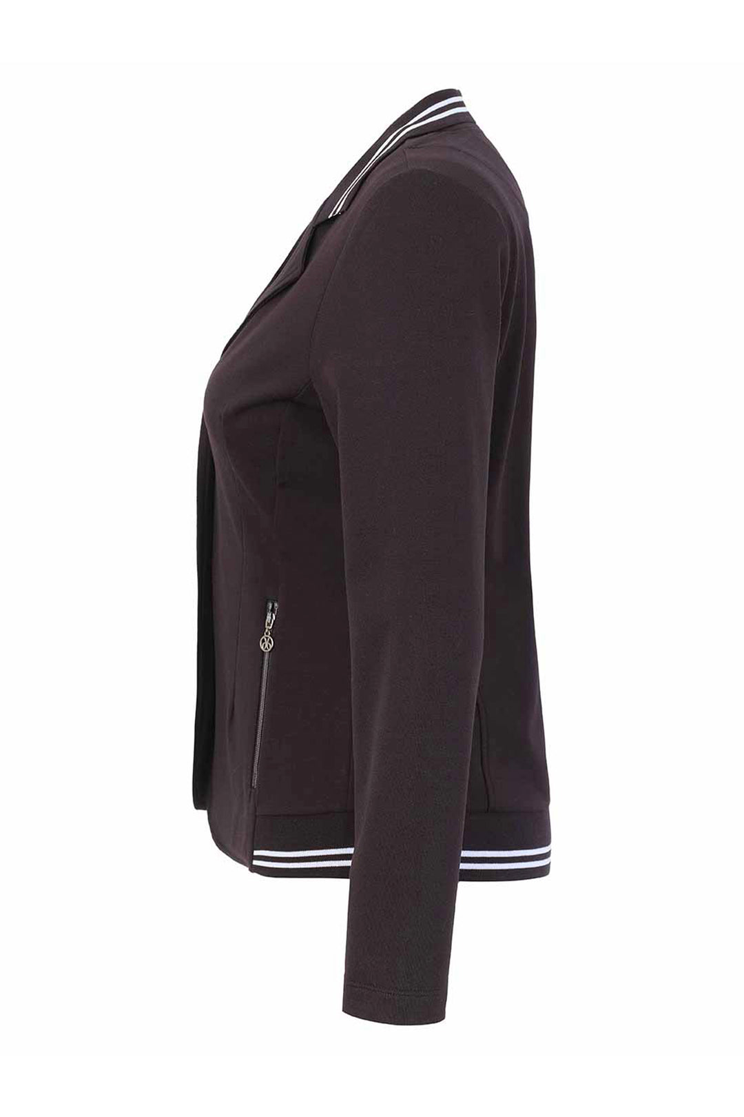 A black blazer jacket shown from the side, with white stripe detailing on the collar and hem, featuring two front buttons and zippered side pockets, shown against a plain white background.