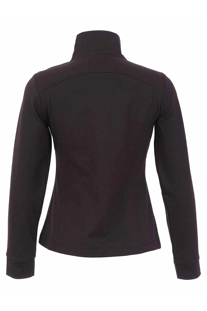 A black long sleeve jacket with a mock neck collar, shown from the back on a white background.