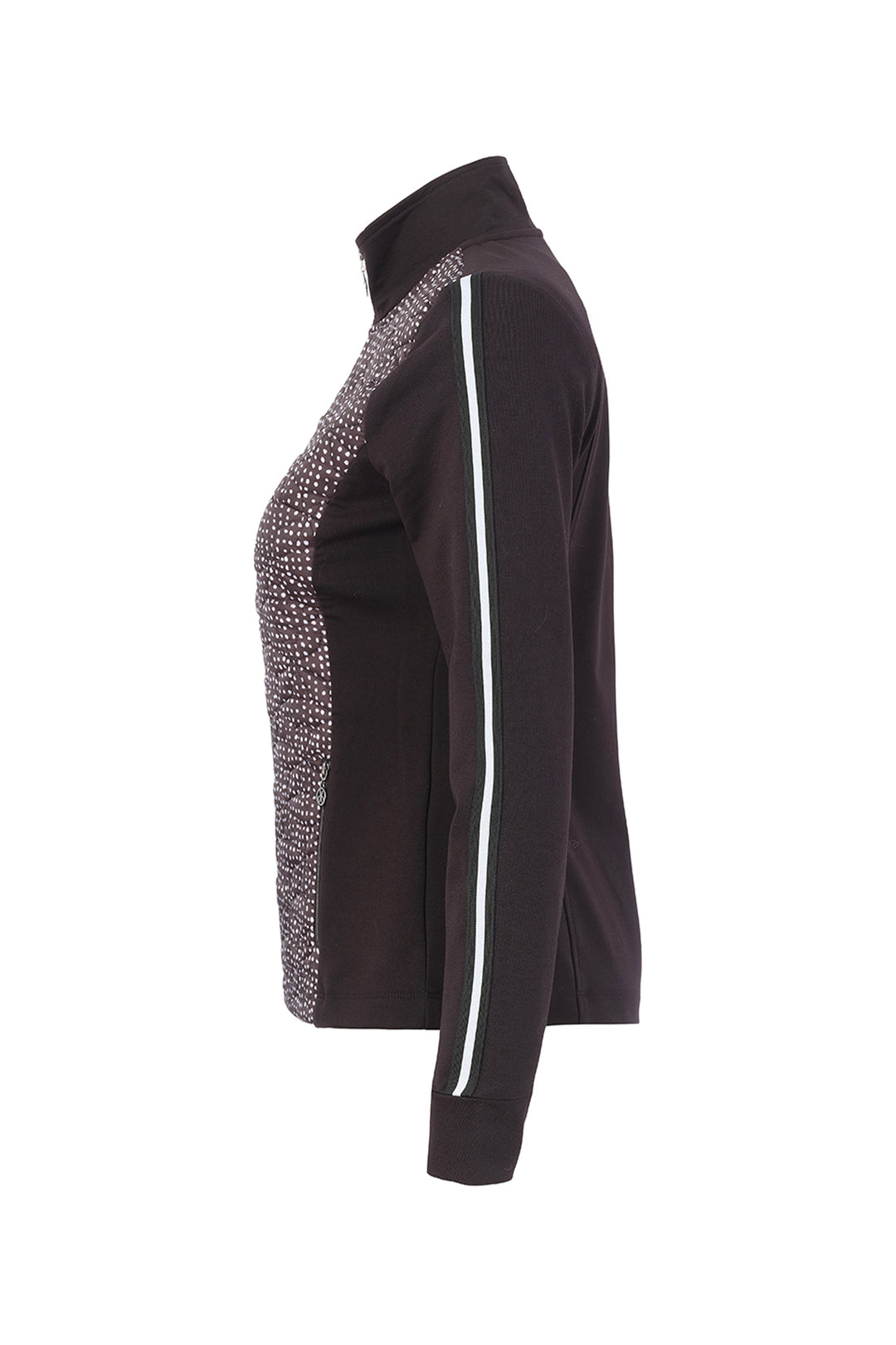 A black long sleeve jacket with a mock neck collar, shown from the back on a white background.