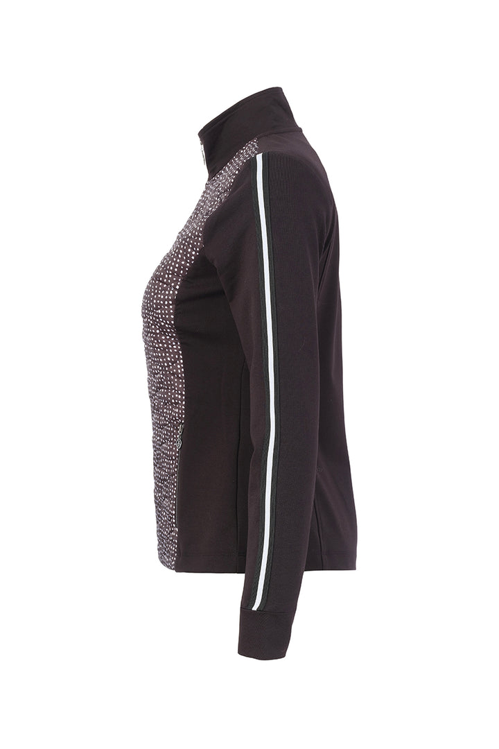 A black long sleeve jacket with a mock neck collar, shown from the back on a white background.