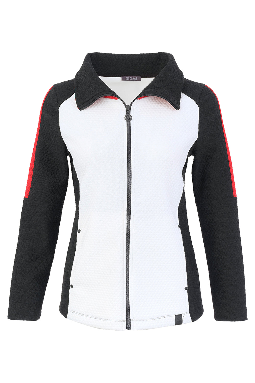 A women's long-sleeve athletic zip-up jacket with a black and white color-blocked design, featuring red stripe accents on the sleeves, shown against a plain white background.