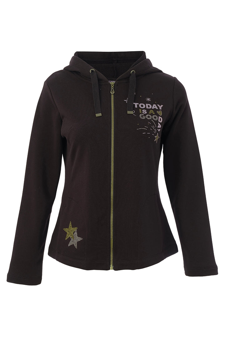 A dark brown zip-up hoodie with a gold zipper, featuring a graphic print on the left chest that reads &