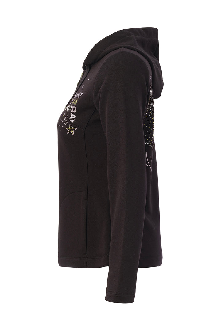 A black long-sleeve hoodie shown from the side profile, featuring a graphic print with a star and text on the left chest, and rhinestone embellishments on the right sleeve, set against a plain white background.