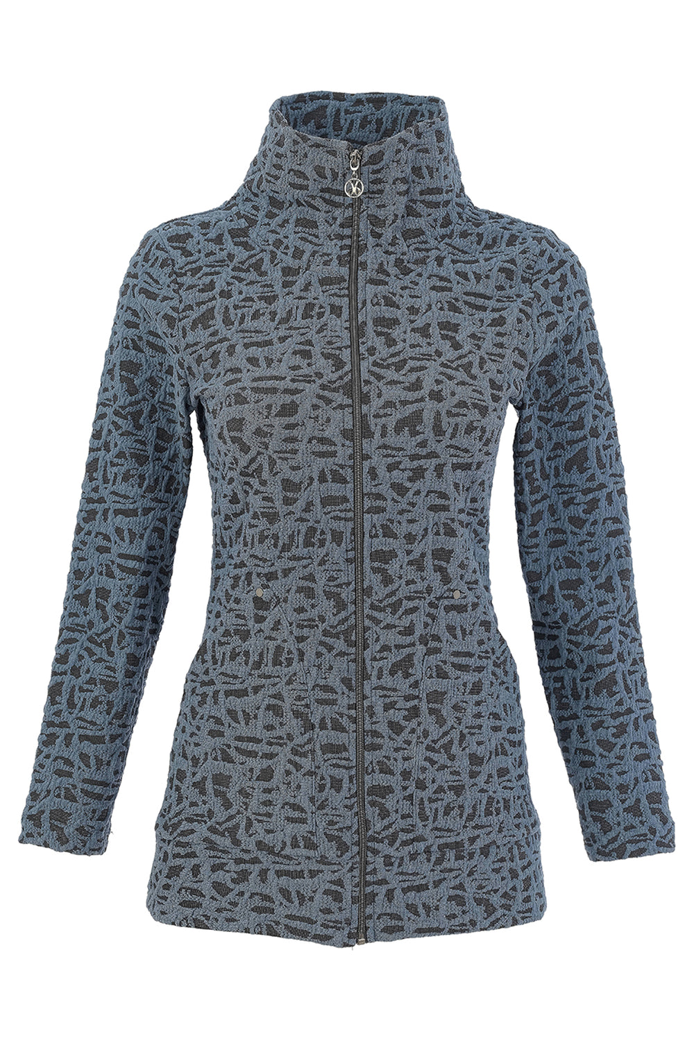 A women's long-sleeve zip-up jacket with a high stand-up collar, featuring an abstract, textured pattern in slate blue and dark gray.