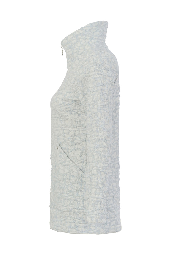 A light blue and white patterned quilted vest shown from a side profile view against a plain white background.