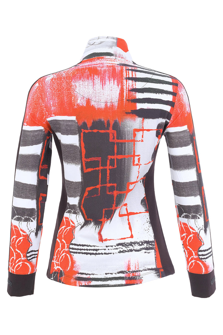 A long-sleeve high-neck top with a bold abstract print in orange, black, gray, and white, shown from the back on a white background.