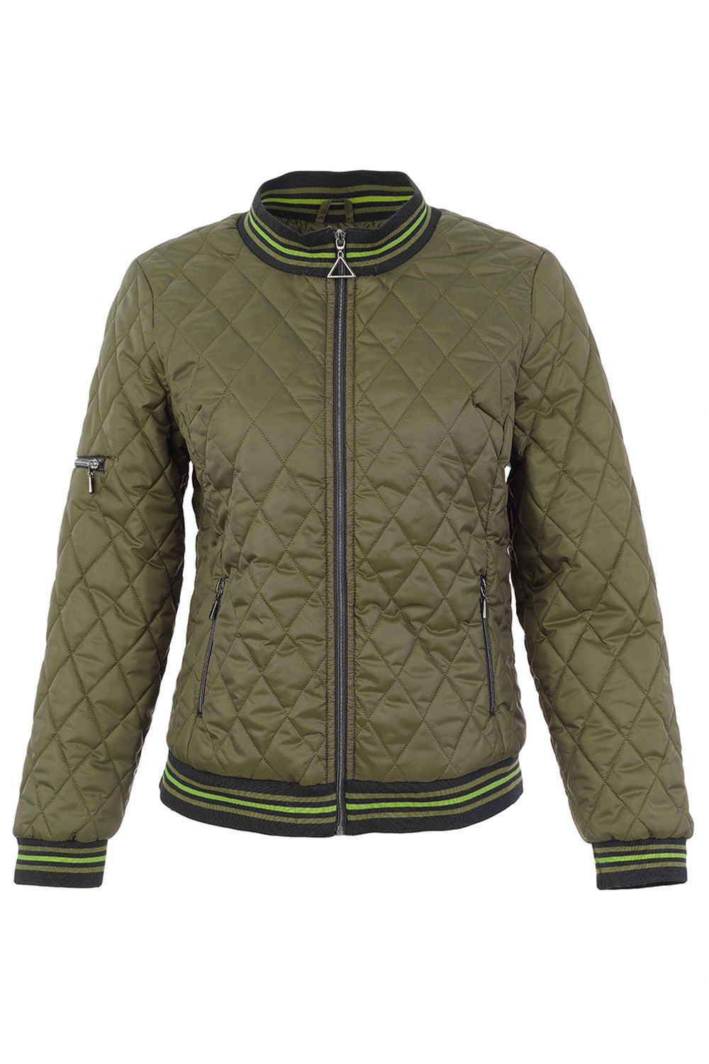 An olive green diamond-quilted bomber jacket with black and lime green striped ribbing on the collar, cuffs, and hem, shown against a plain white background.