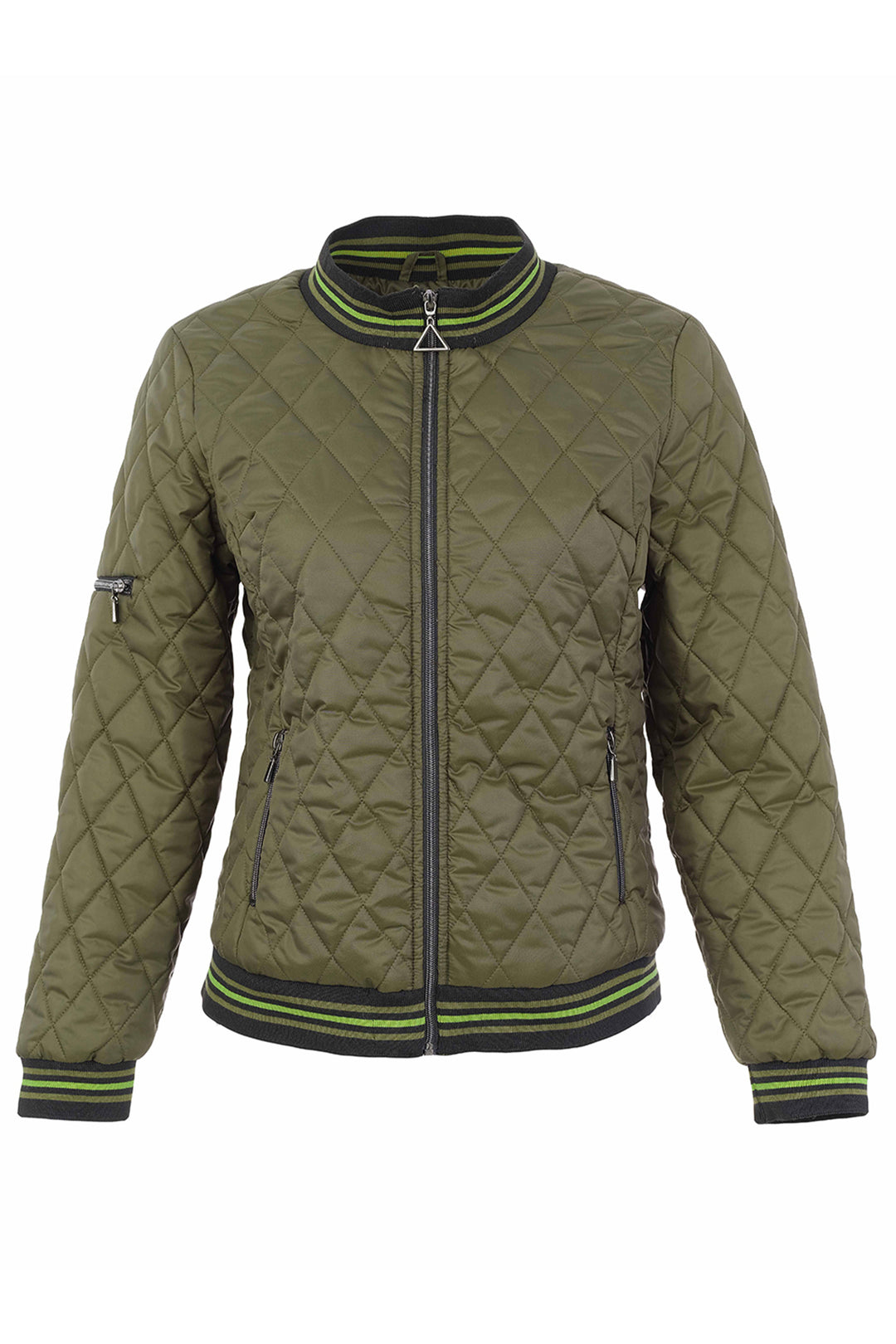 An olive green diamond-quilted bomber jacket with black and lime green striped ribbing on the collar, cuffs, and hem, shown against a plain white background.