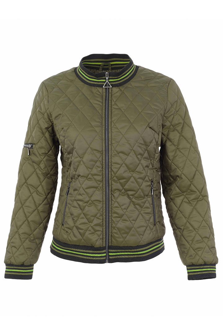 An olive green diamond-quilted bomber jacket with black and lime green striped ribbing on the collar, cuffs, and hem, shown against a plain white background.