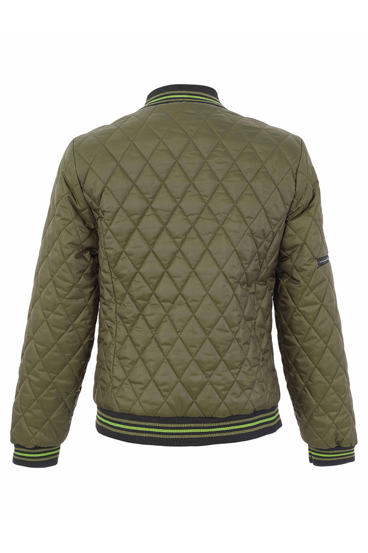 An olive green quilted jacket shown from the back against a white background, featuring striped black and lime green ribbed trim at the collar, cuffs, and hem.