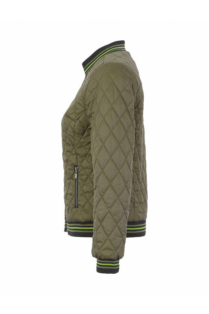 An olive green quilted jacket shown from the side profile against a white background, featuring striped black and lime green ribbed trim at the collar, cuffs, and hem.