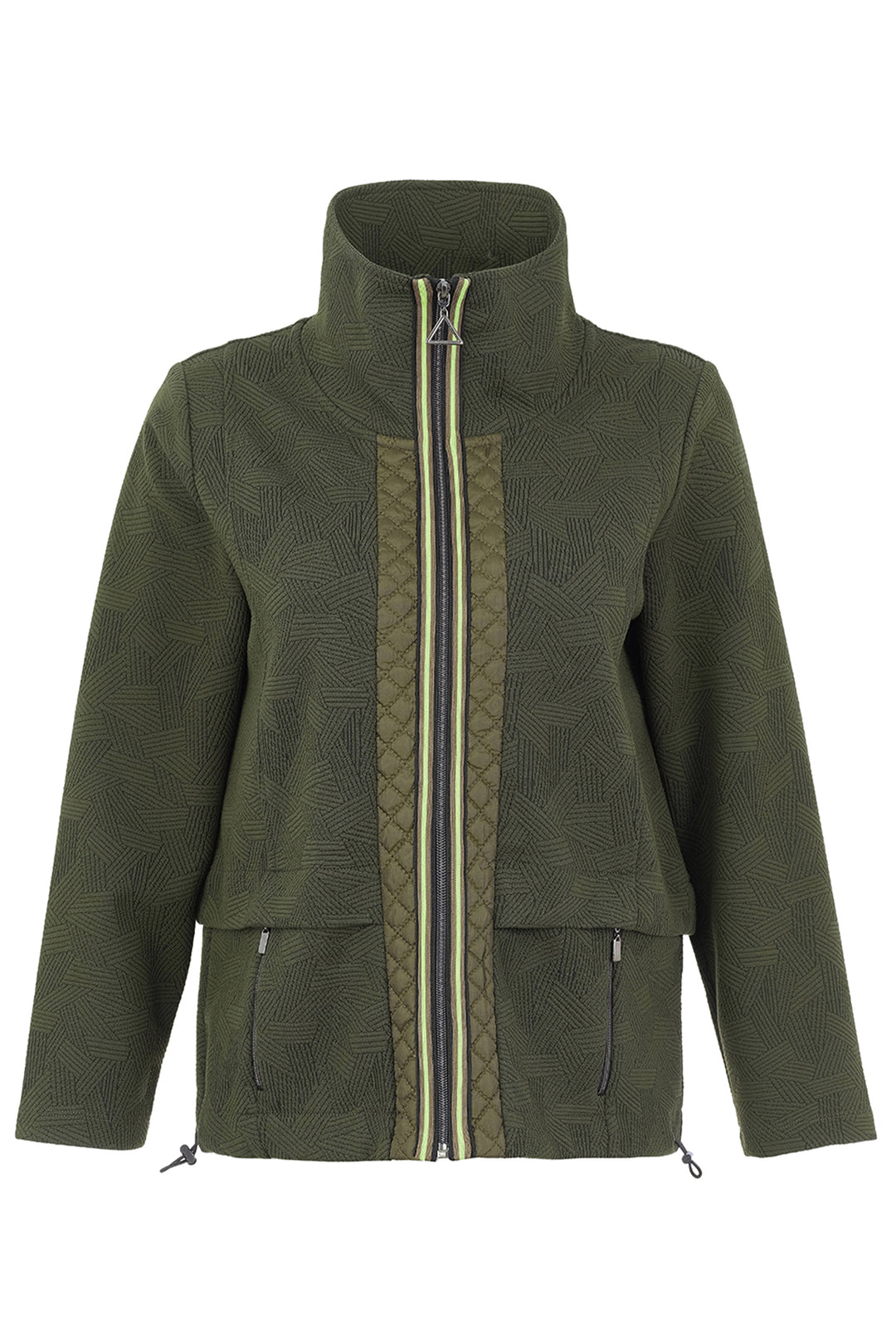 An olive green fleece jacket with a textured pattern, featuring a central vertical zipper panel with a striped accent and a high stand-up collar, shown against a plain white background.