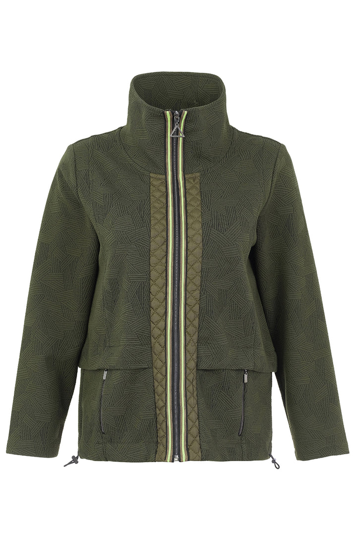 An olive green fleece jacket with a textured pattern, featuring a central vertical zipper panel with a striped accent and a high stand-up collar, shown against a plain white background.