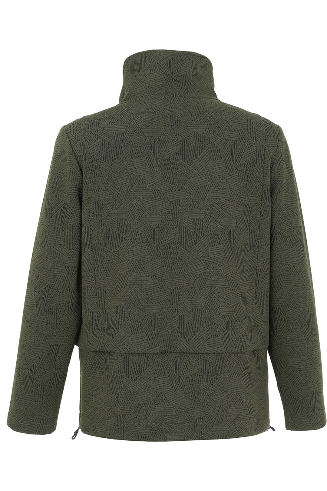 An olive green textured jacket with a high mock neck collar, shown from the back on a white background.