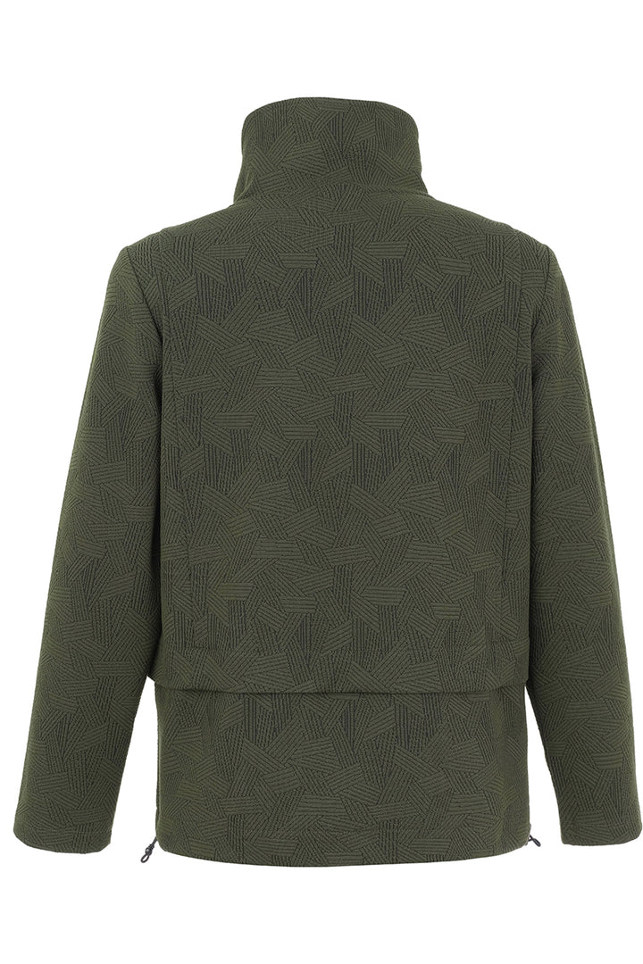 An olive green textured jacket with a high mock neck collar, shown from the back on a white background.
