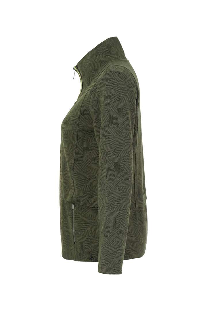 An olive green textured zip-up jacket shown in a side profile view against a plain white background.