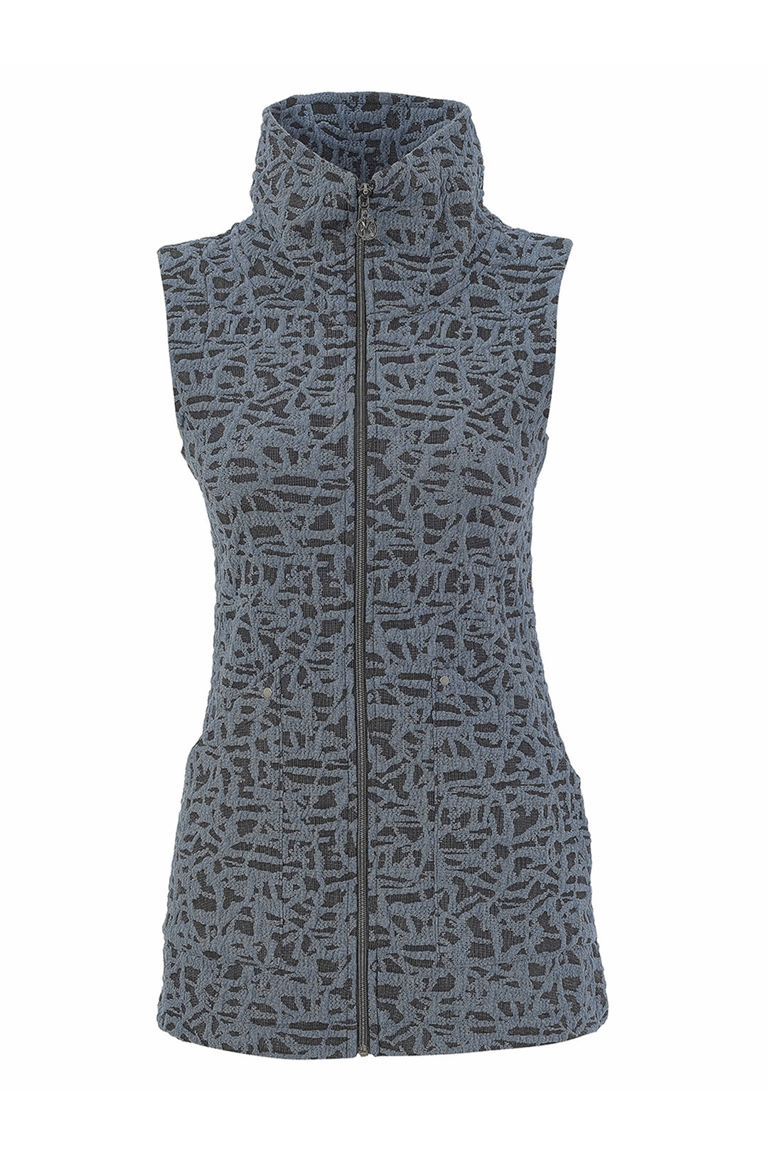 A sleeveless zip-front vest with a high mock neck collar, featuring an abstract black and gray pattern, shown on a plain white background.