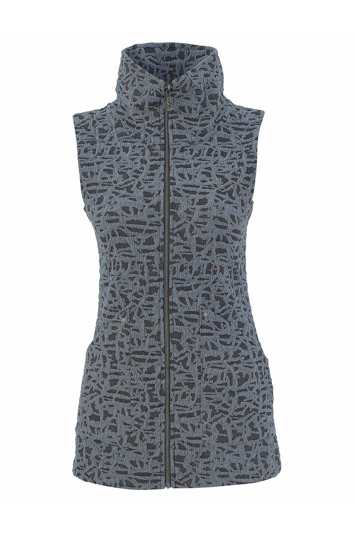A sleeveless zip-front vest with a high mock neck collar, featuring an abstract black and gray pattern, shown on a plain white background.