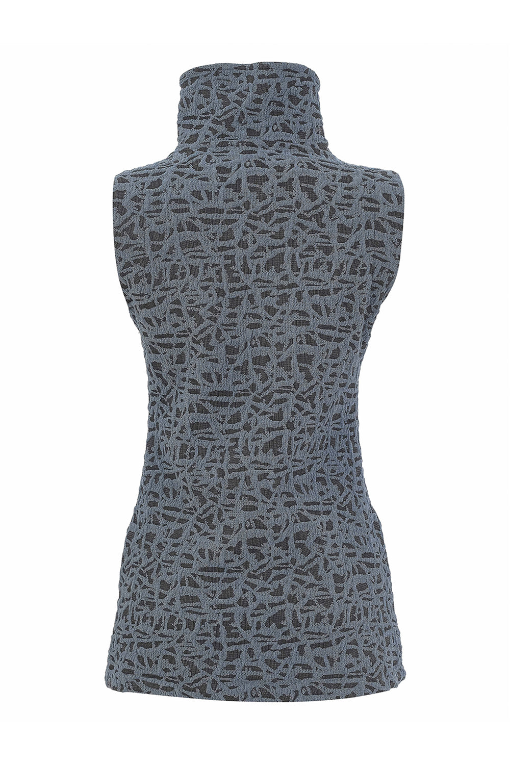 A sleeveless turtleneck top with an abstract, textured geometric pattern in slate gray and charcoal, displayed on a white background.