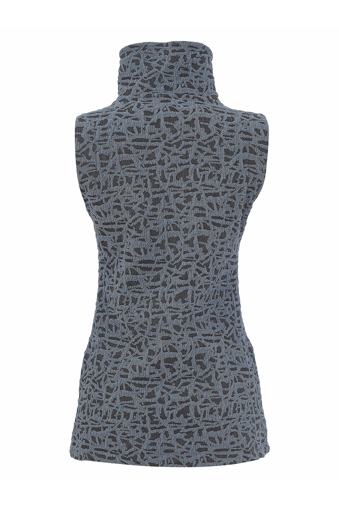 A sleeveless turtleneck top with an abstract, textured geometric pattern in slate gray and charcoal, displayed on a white background.