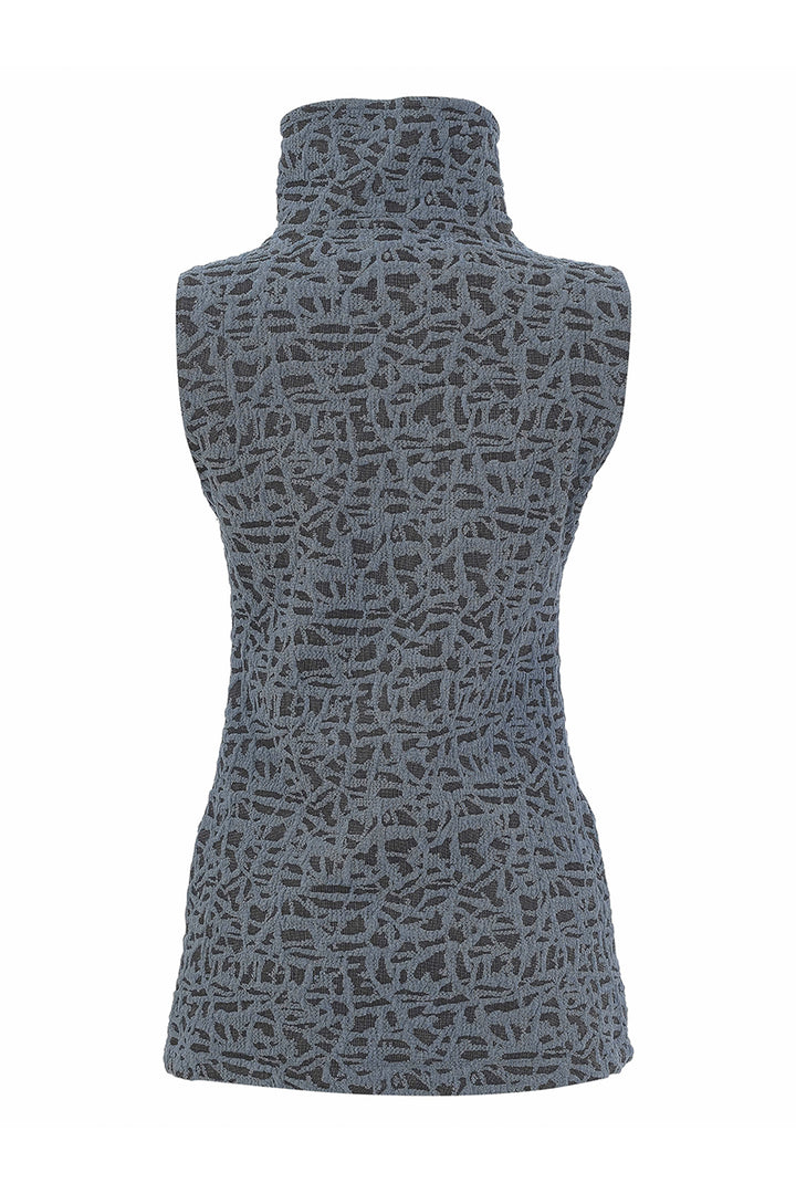 A sleeveless turtleneck top with an abstract, textured geometric pattern in slate gray and charcoal, displayed on a white background.