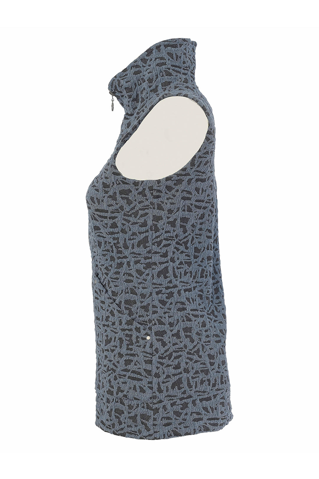 A sleeveless high-neck vest with an abstract black and gray pattern, displayed on a white mannequin torso against a white background.