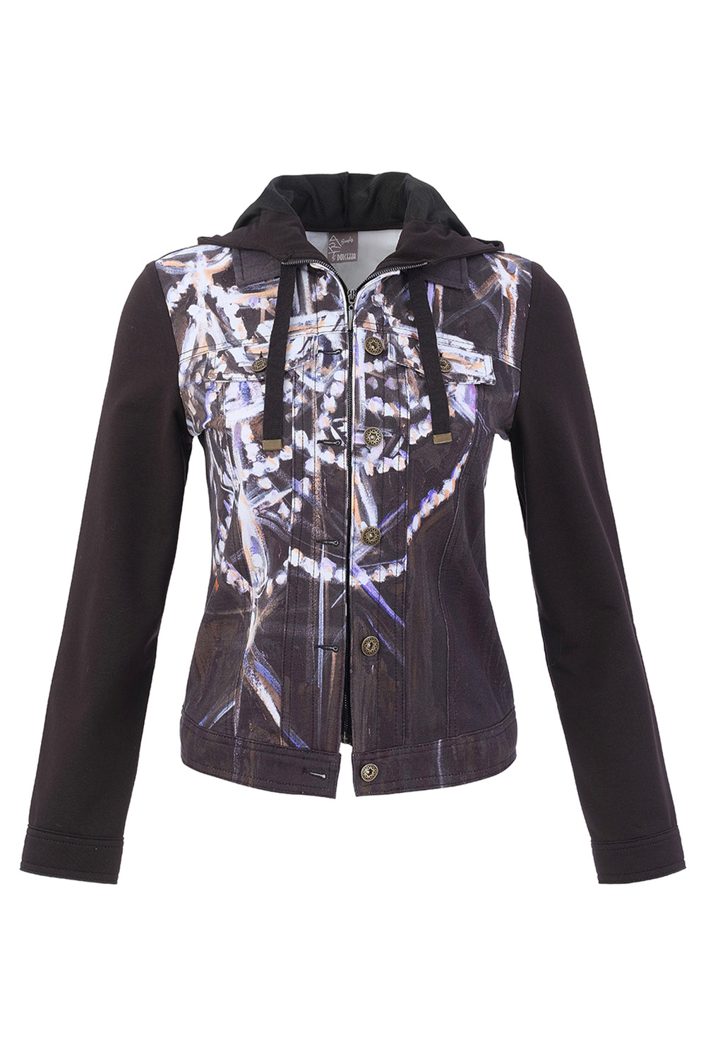A women's hooded jacket featuring solid dark brown sleeves and sides, with a front panel printed with a white and gray graffiti-style pattern over a dark background.