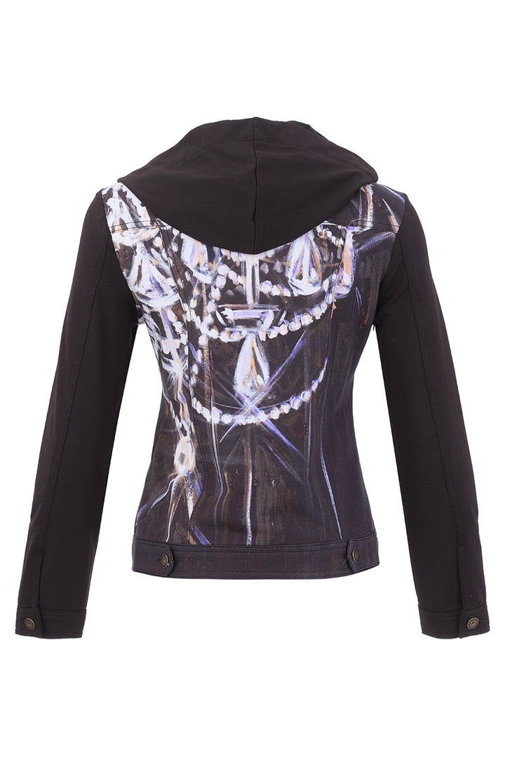 Black hooded jacket with a large white and silver graphic print of a skull wearing a crown across the back, shown on a plain white background.