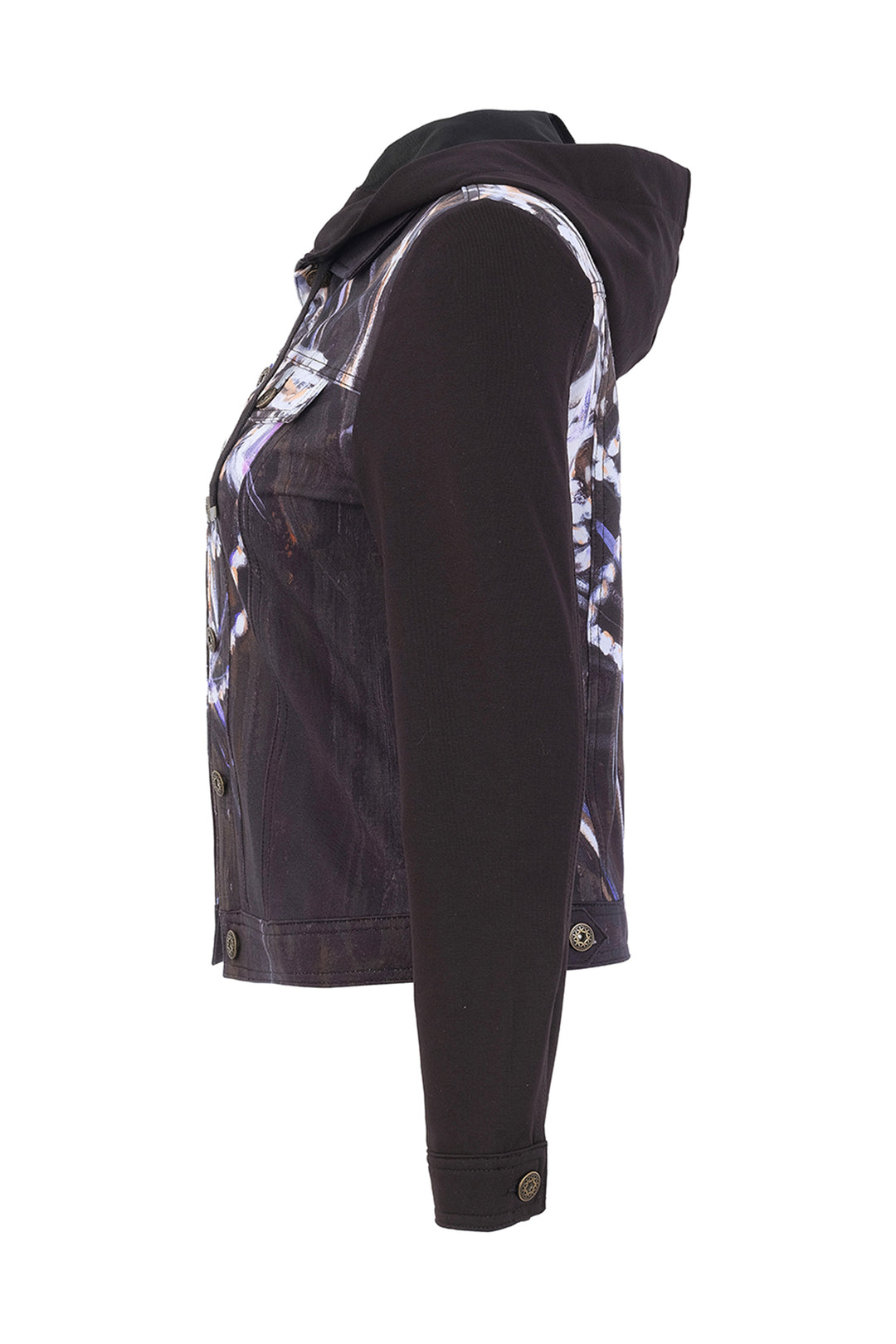 A side-profile view of a black hooded jacket featuring a glossy, reflective silver and white abstract patterned panel on the front and hood, set against a plain white background.