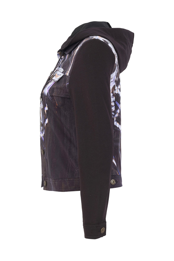 A side-profile view of a black hooded jacket featuring a glossy, reflective silver and white abstract patterned panel on the front and hood, set against a plain white background.