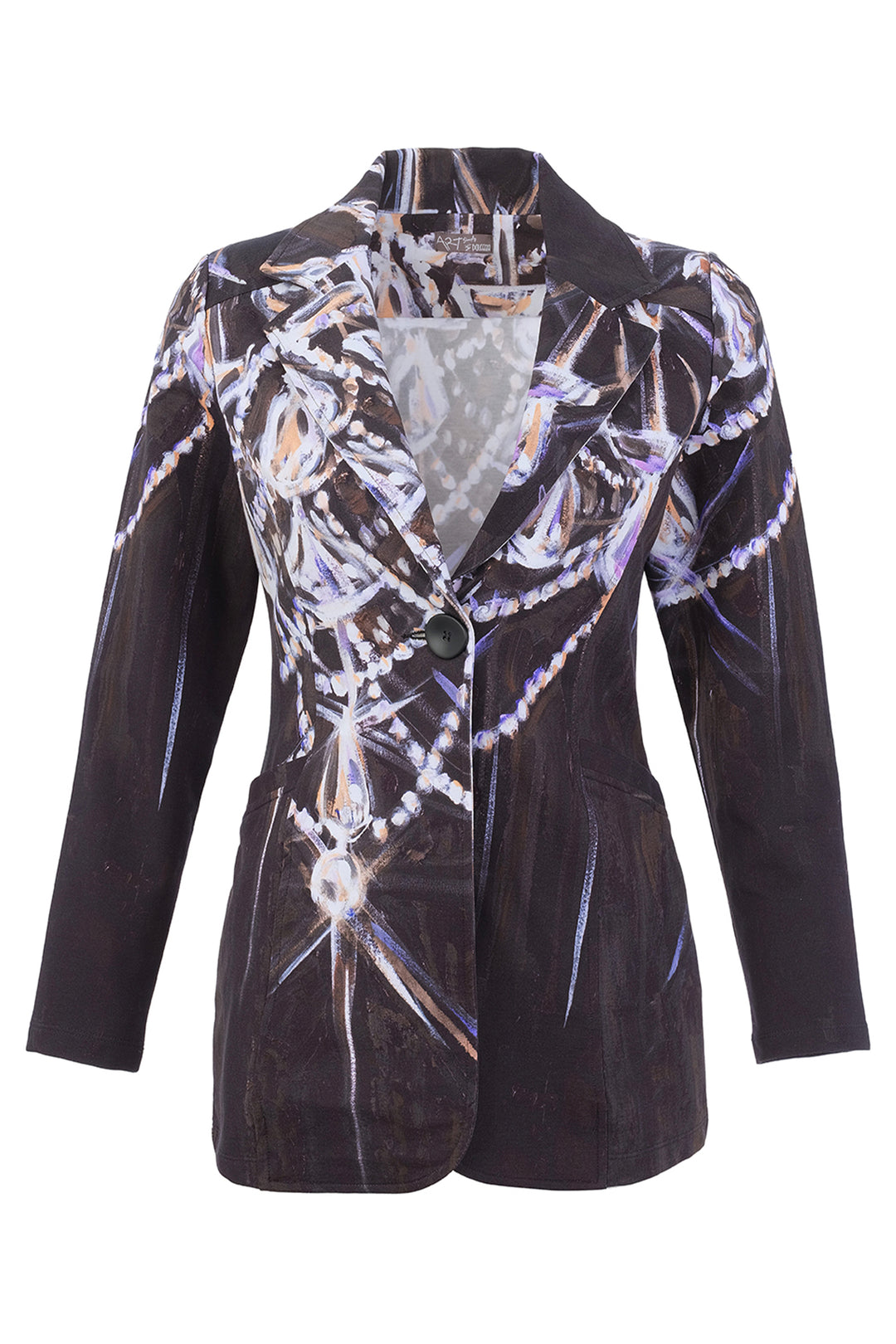 A women's single-breasted blazer jacket featuring a black base with an abstract, metallic-looking silver, white, and purple chain-link pattern, displayed on a clean white background.