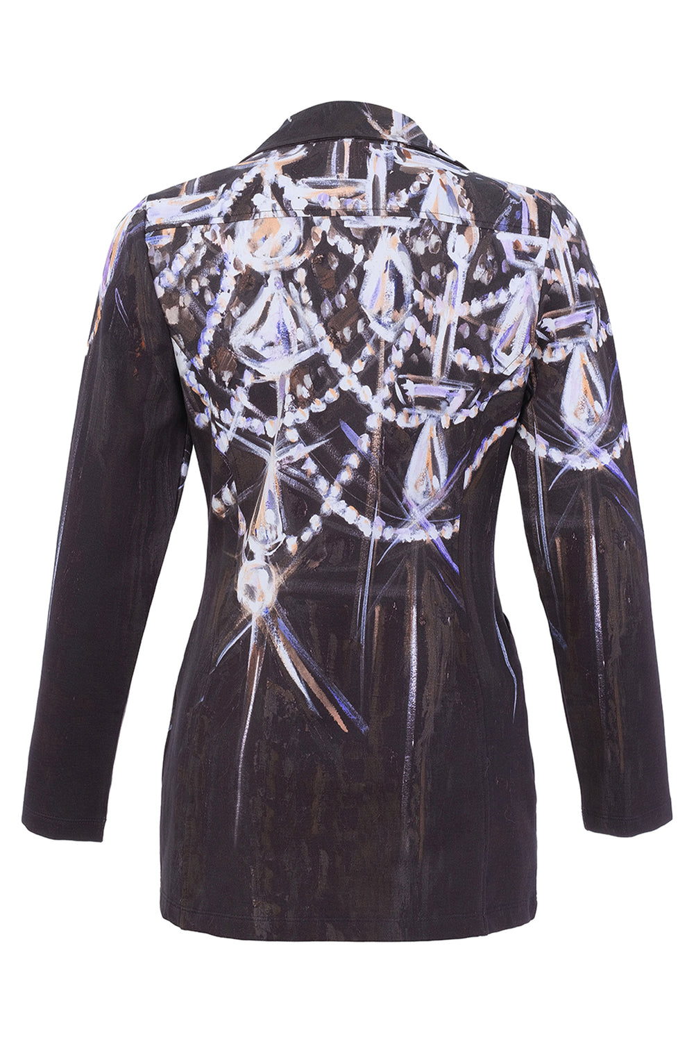 A black long-sleeve blazer shown from the back, featuring a large, detailed graphic print of white, silver, and purple gemstones and chains across the upper back and shoulders.