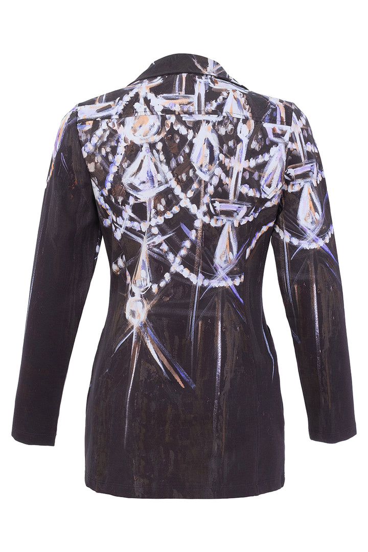 A black long-sleeve blazer shown from the back, featuring a large, detailed graphic print of white, silver, and purple gemstones and chains across the upper back and shoulders.