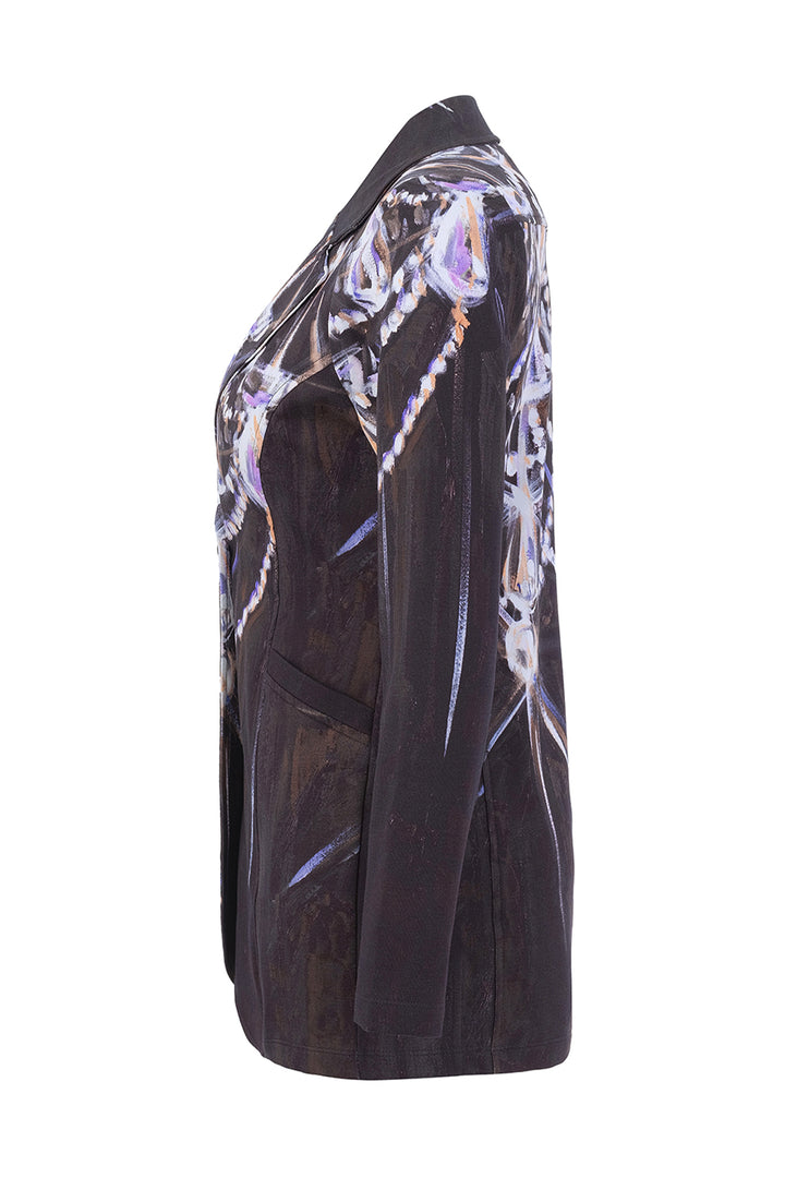 A black long-sleeve blazer featuring an iridescent, holographic skeleton print on the shoulders and upper back, shown in a side profile view against a white background.