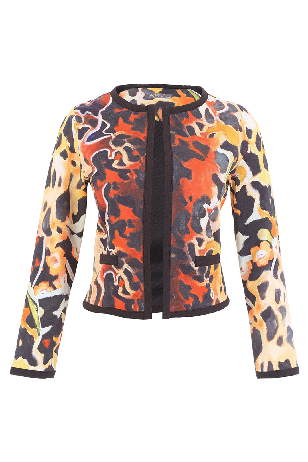 A cropped long-sleeve jacket featuring a bold abstract camouflage pattern in orange, black, beige, and yellow, with a black center front panel and trim.