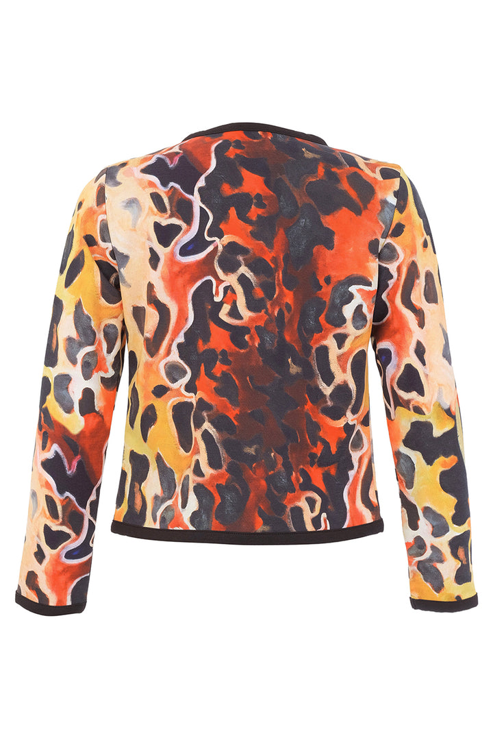 A cropped long-sleeve jacket with an abstract, painterly camouflage pattern in vibrant orange, yellow, black, and beige, shown from the back on a white background.