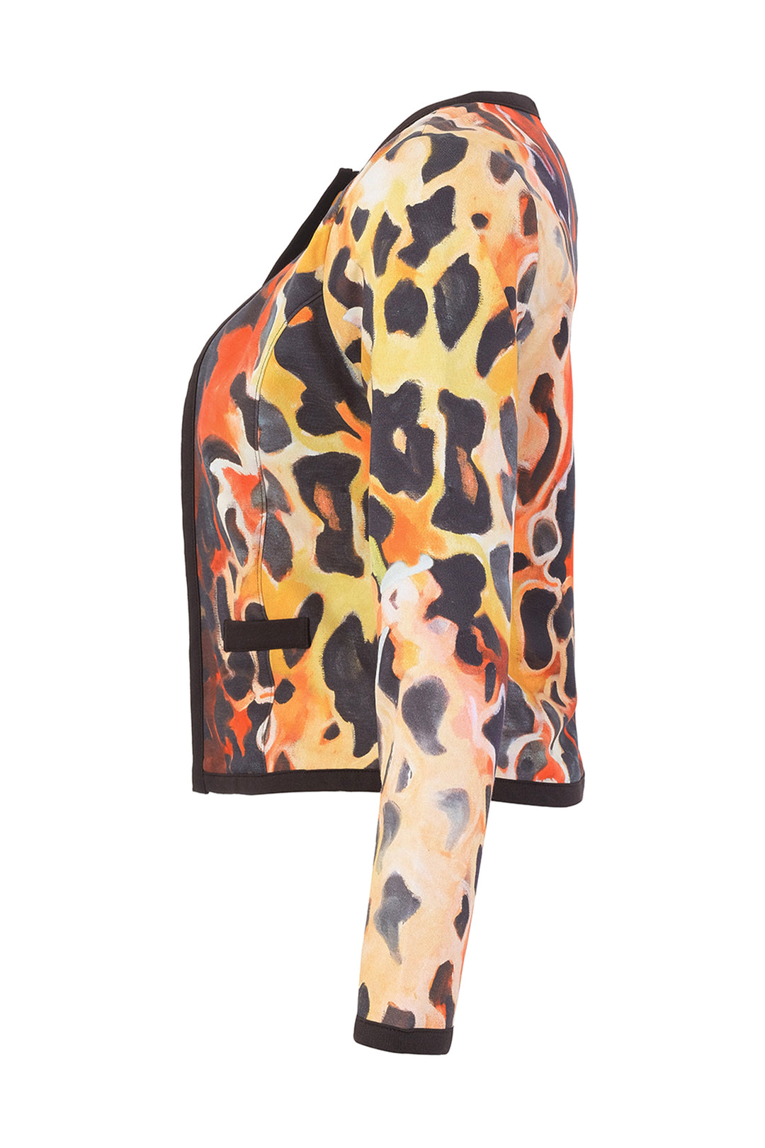 A long-sleeve cropped jacket featuring a vibrant abstract leopard print pattern in orange, yellow, black, and beige, with black trim.