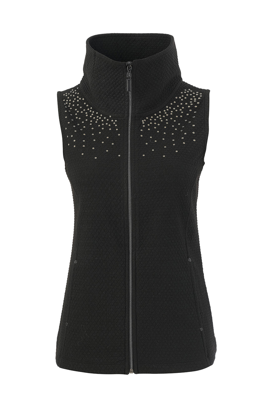 A black sleeveless vest with a high mock neck, displayed on a white mannequin torso against a white background.