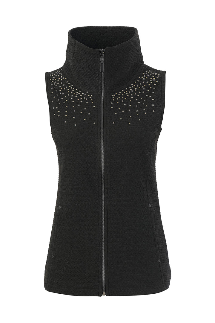 A black sleeveless vest with a high mock neck, displayed on a white mannequin torso against a white background.