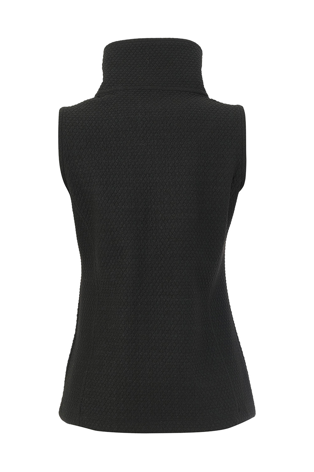 A black sleeveless vest with a high mock neck, displayed on a white mannequin torso against a white background.