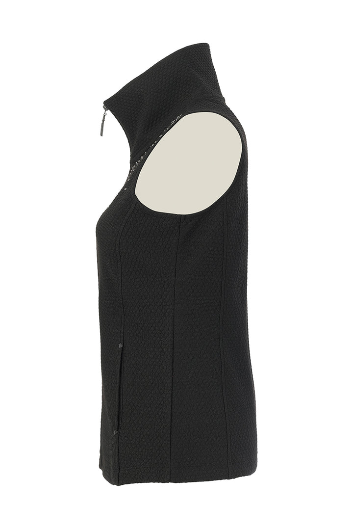 A black sleeveless vest with a high mock neck, displayed on a white mannequin torso against a white background.