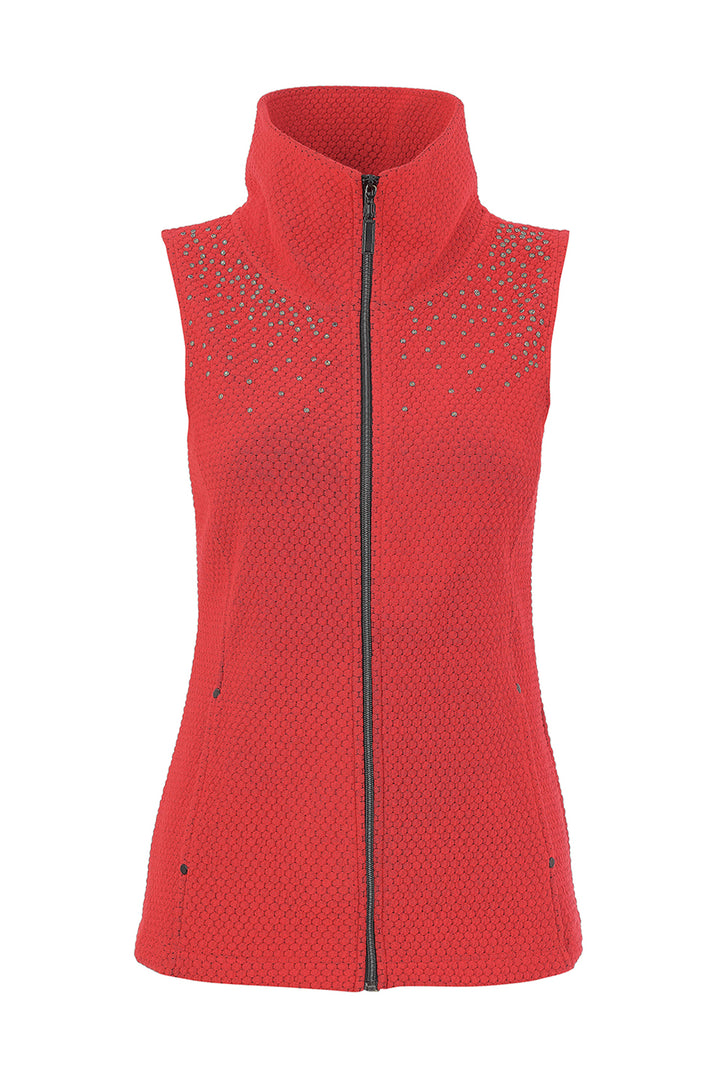 A red sleeveless vest with a high mock neck, displayed against a white background.