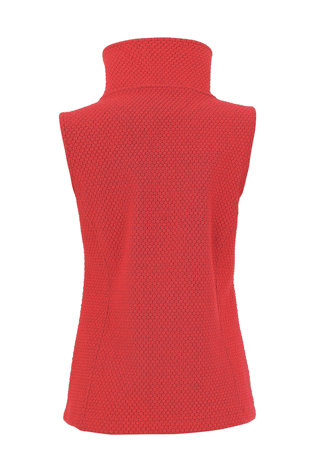 A red sleeveless vest with a high mock neck, displayed against a white background.