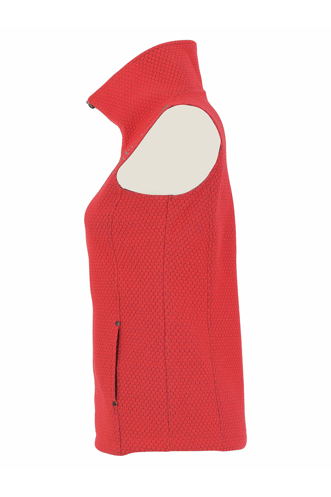 A red sleeveless vest with a high mock neck, displayed against a white background.