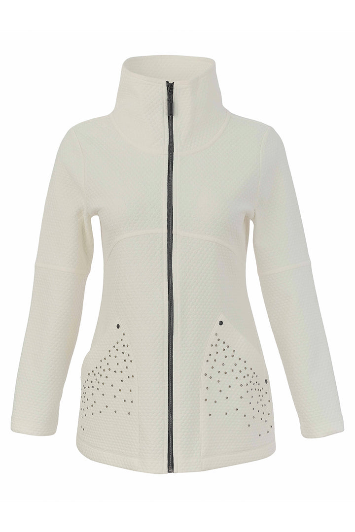 An off-white textured zip-up jacket with a high stand collar and decorative rhinestone patterns on the lower front, shown against a plain white background.