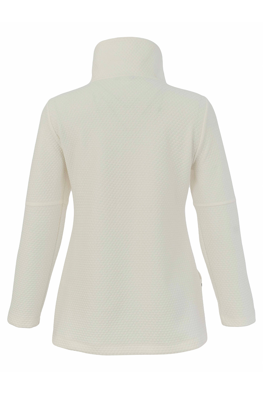A cream-colored long-sleeve fleece pullover with a mock neck, shown from the back on a plain white background.